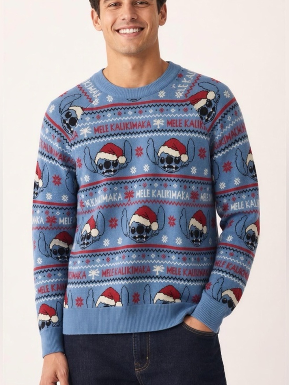 Disney Men’s Blue Crewneck Sweater with Festive Stitch Design
